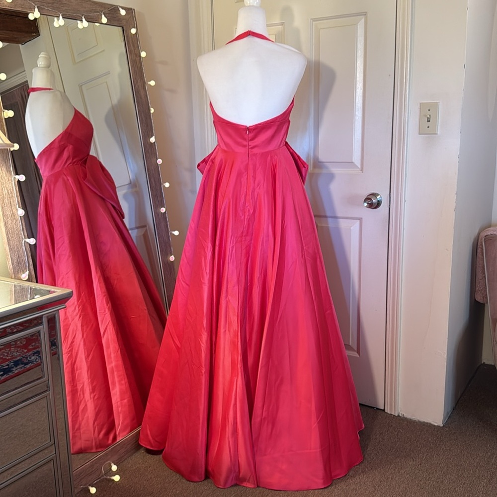 Mac Duggal Hot Pink Satin Plunge-Neck Maxi Gown with Bow - Picture 9 of 12